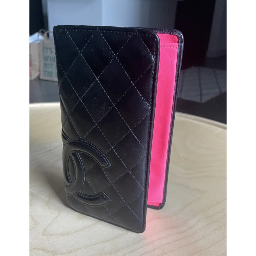 Chanel Wallet Cambon Black Leather w/ Pink Interior CC Long Entrupy Certificate